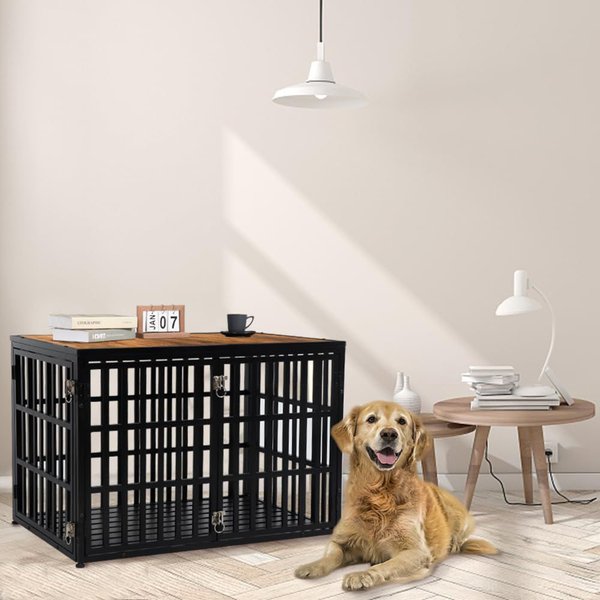 SMONTER Wooden 3-Door Furniture Style Dog Crate, Rustic Brown