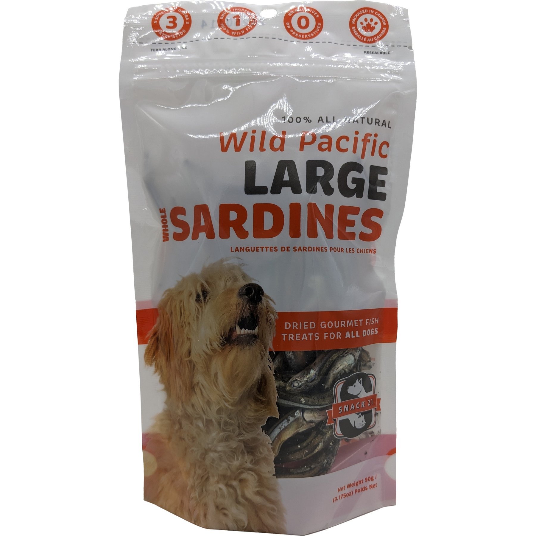 Snack 21 Treats Wild Pacific Large Sardines High-Protein Grain-Free Air-Dried Dog & Cat Treats, 3.17-oz bag