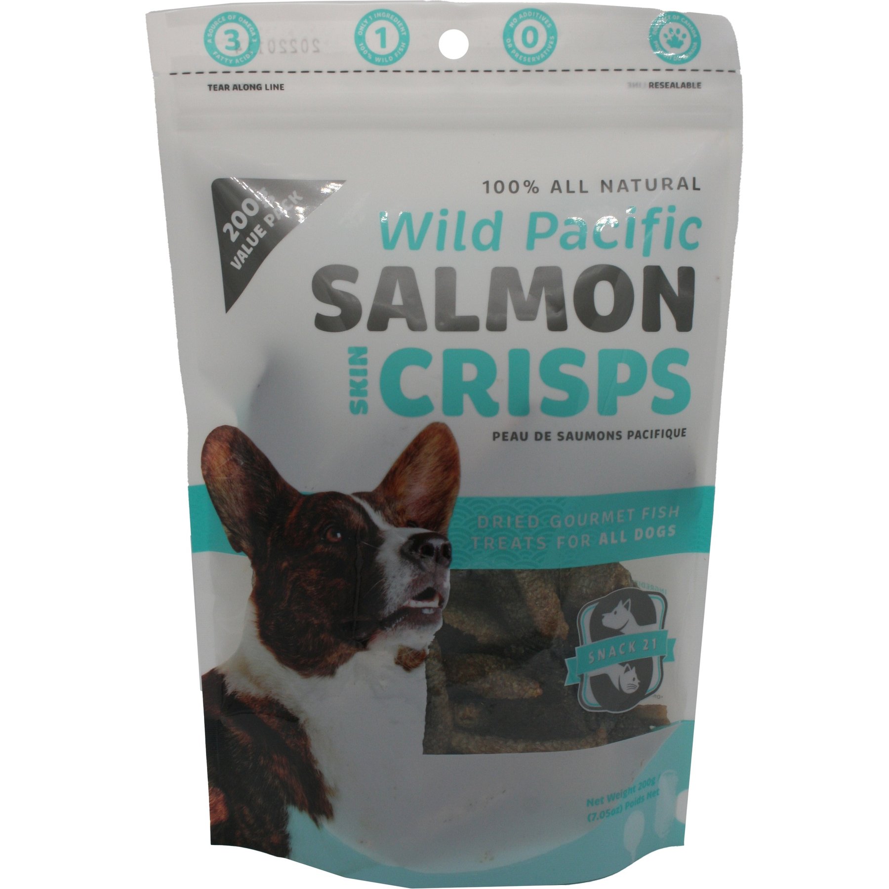 Snack 21 Treats Wild Pacific Salmon Skin Crisps High-Protein Grain-Free Air-Dried Dog Treats, 7-oz bag