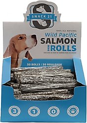 Snack 21 Treats Wild Pacific Salmon Skin Rolls Dog Treats, 50 count