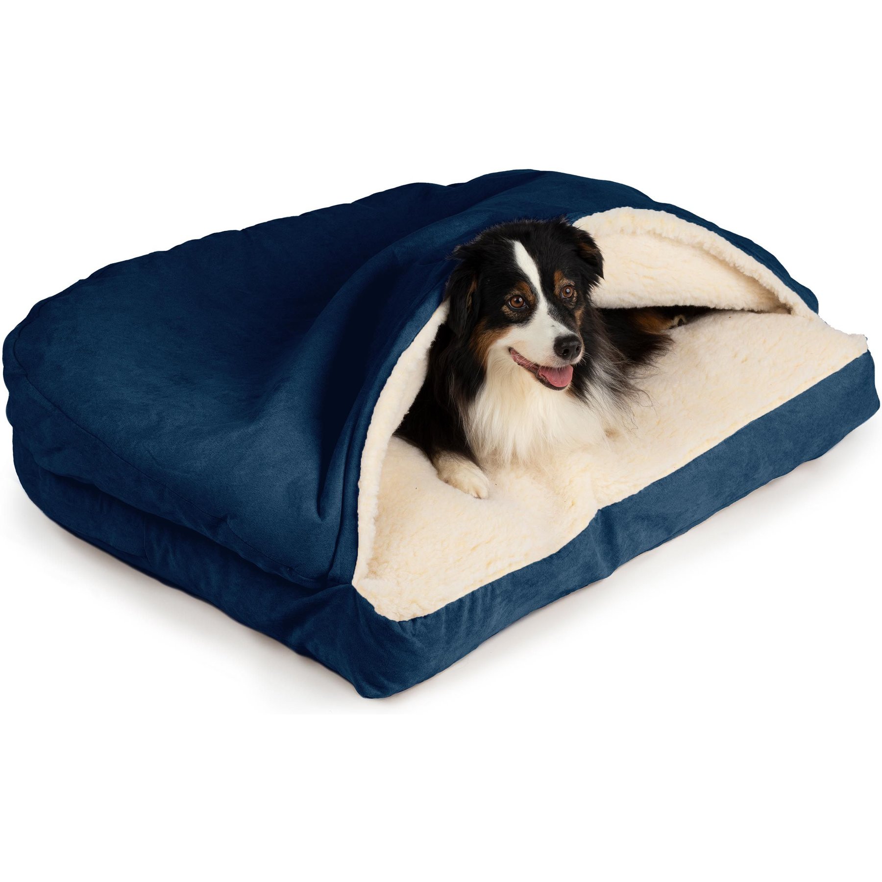 Snoozer Pet Products Luxury Microsuede Rectangle Cozy Cave Covered Dog Bed with Removable Cover, Blue, X-Large