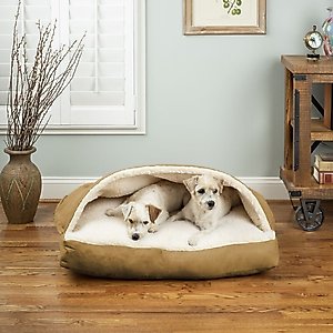 Snoozer Pet Products Luxury Microsuede Rectangle Cozy Cave Covered Dog Bed with Removable Cover, Camel, Small