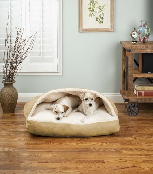Show full view: Snoozer Pet Products Poly Cotton Rectangle Cozy Cave Covered Dog Bed with Removable Cover, Khaki, Medium slide 1 of 6