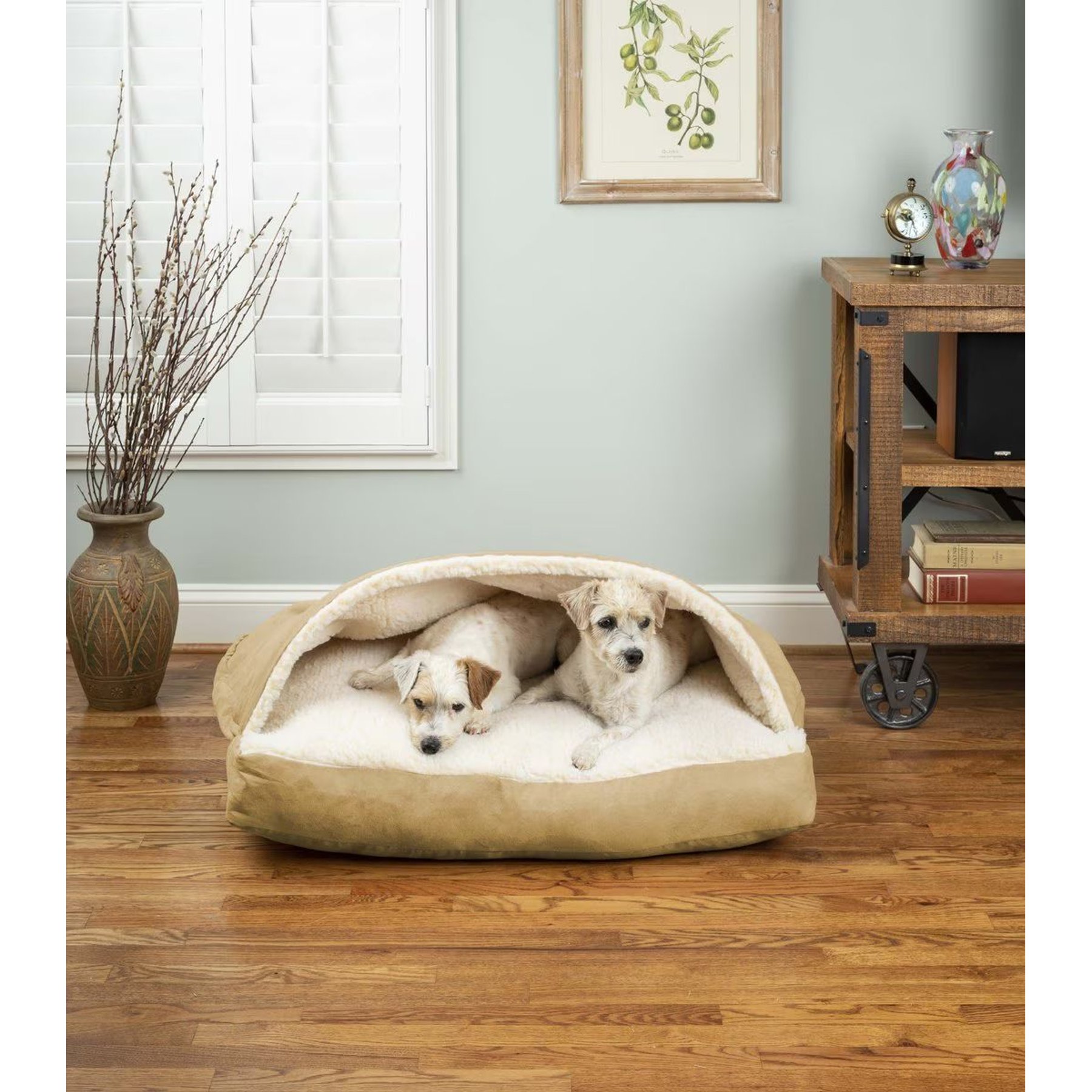 Snoozer Pet Products Poly Cotton Rectangle Cozy Cave Covered Dog Bed with Removable Cover, Khaki, Medium