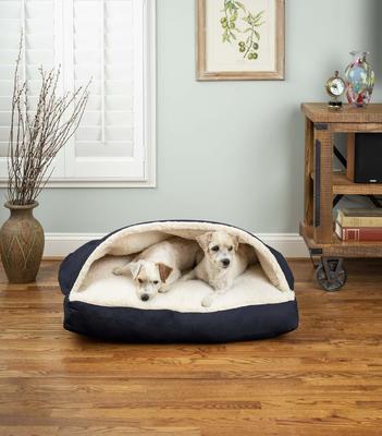 Show full view: Snoozer Pet Products Poly Cotton Rectangle Cozy Cave Covered Dog Bed with Removable Cover, Navy, Medium slide 1 of 6