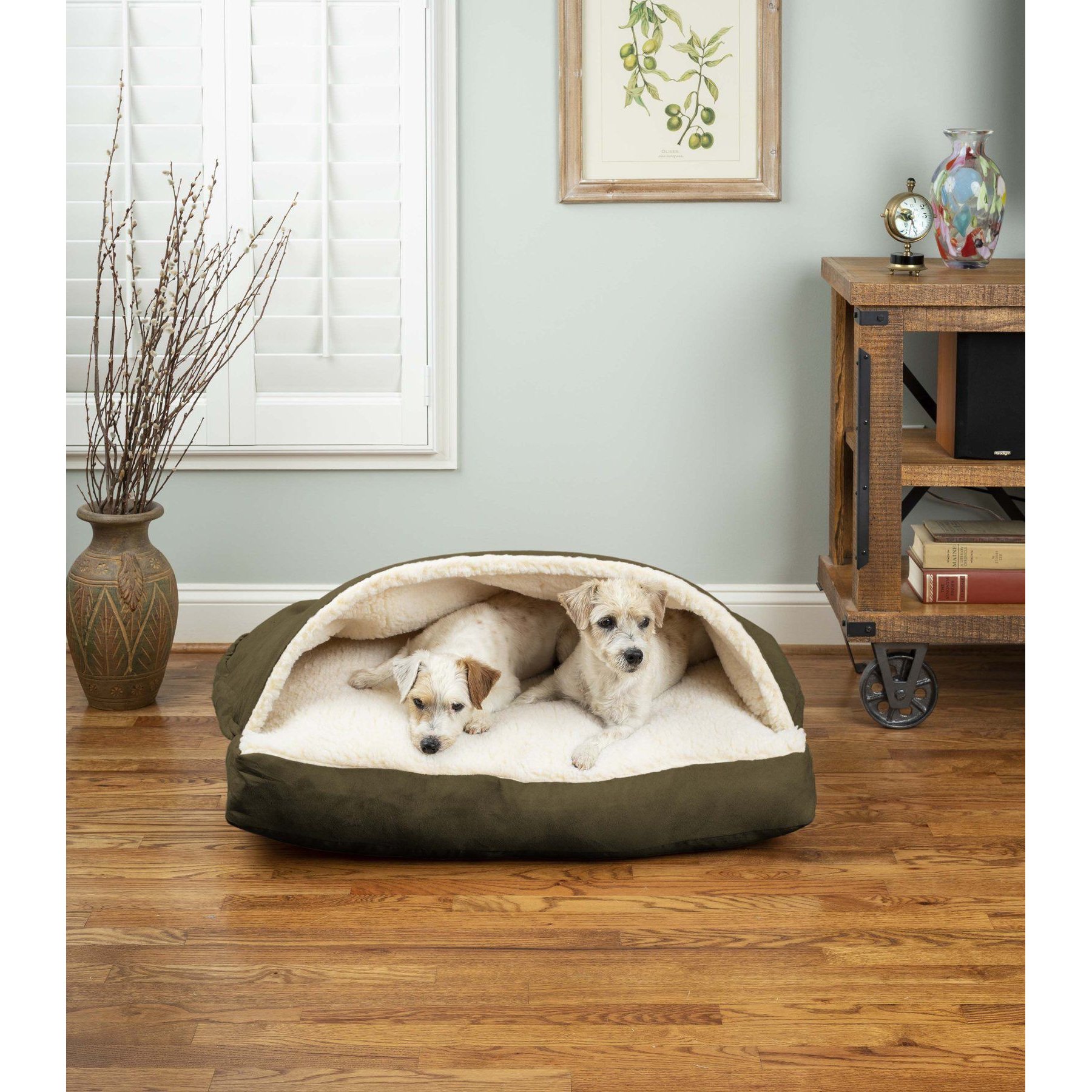 Snoozer Pet Products Poly Cotton Rectangle Cozy Cave Covered Dog Bed with Removable Cover, Olive, Large