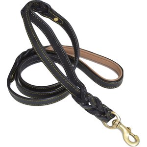 Soft Touch Collars Leather Braided Traffic Handle Dog Leash, Black, 6-ft, 3/4-in