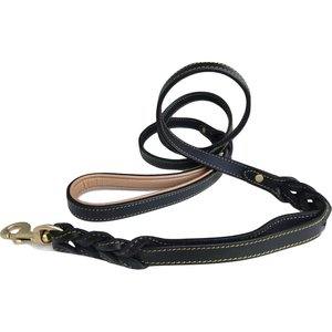 Soft Touch Collars Leather Braided Traffic Handle Dog Leash, Black, 6-ft, 3/4-in