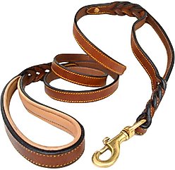 Soft Touch Collars Leather Braided Traffic Handle Dog Leash, Brown, 6-ft, 3/4-in
