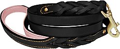 Soft Touch Collars Leather Braided Two-Tone Handle Dog Leash, Black Pink, 4-ft, 1/2-in