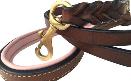 Show full view: Soft Touch Collars Leather Braided Two-Tone Handle Dog Leash, Brown Pink, 4-ft, 1/2-in slide 4 of 8