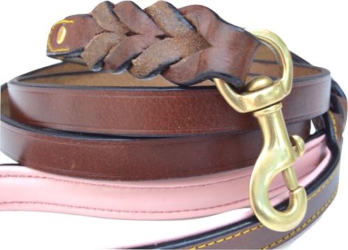 Show full view: Soft Touch Collars Leather Braided Two-Tone Handle Dog Leash, Brown Pink, 4-ft, 1/2-in slide 5 of 8