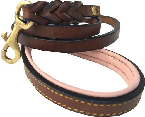 Show full view: Soft Touch Collars Leather Braided Two-Tone Handle Dog Leash, Brown Pink, 6-ft, 3/4-in slide 4 of 8
