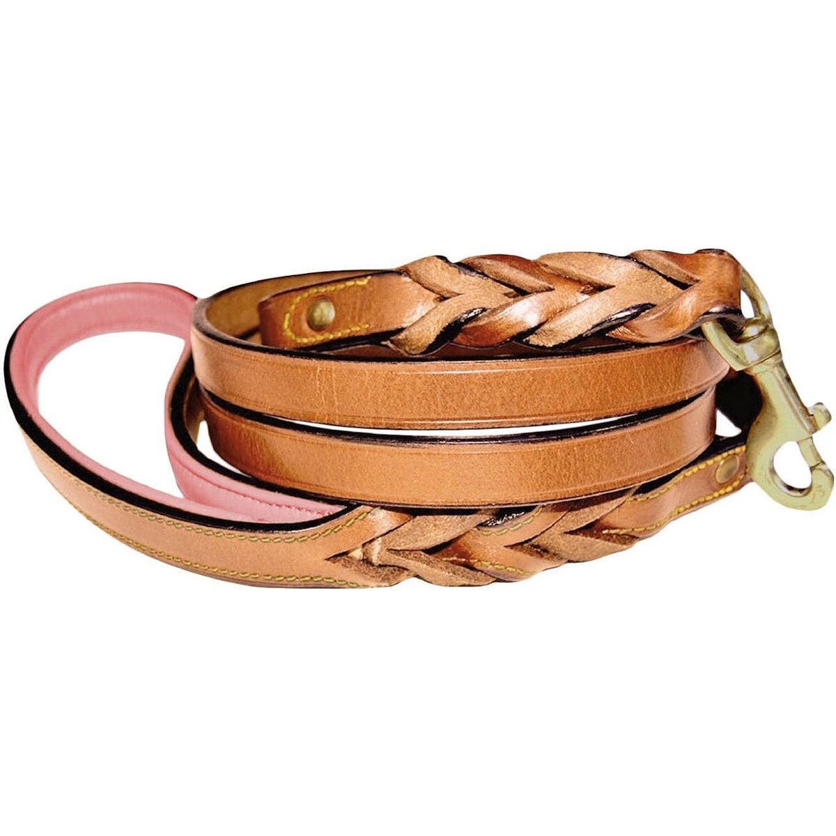 Soft Touch Collars Leather Braided Two-Tone Handle Dog Leash, Tan Coral, 6-ft, 3/4-in
