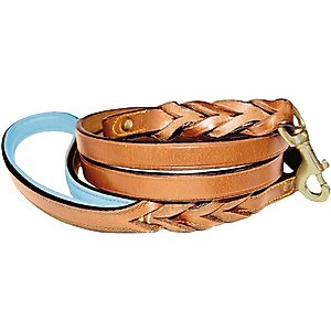 Soft Touch Collars Leather Braided Two-Tone Handle Dog Leash, Tan Teal, 4-ft, 1/2-in