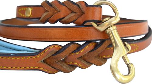 Show full view: Soft Touch Collars Leather Braided Two-Tone Handle Dog Leash, Tan Teal, 4-ft, 1/2-in slide 2 of 6