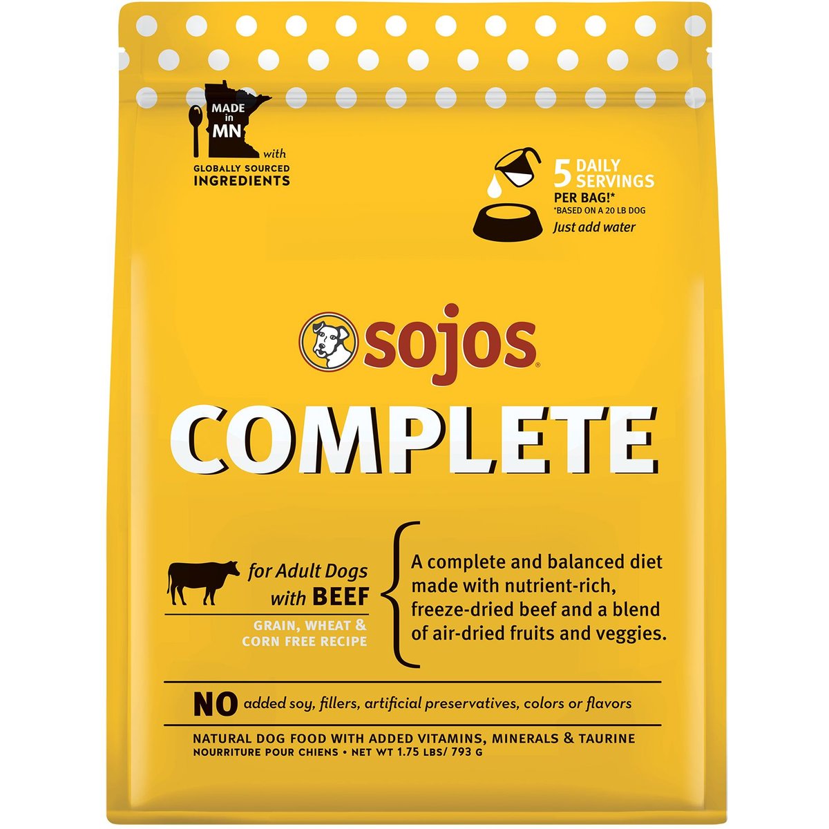 Sojos Complete Beef Recipe Adult Grain-Free Freeze-Dried Raw Dog Food, 1.75-lb bag