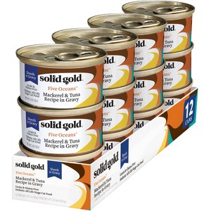 Solid Gold Five Oceans Mackerel & Tuna Grain-Free Shreds in Gravy Wet Cat Food, 3-oz, case of 12