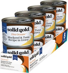 Solid Gold Five Oceans Mackerel & Tuna Grain-Free Shreds in Gravy Wet Cat Food, 6-oz, case of 8