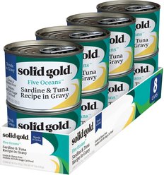 Solid Gold Five Oceans Sardines & Tuna Grain-Free Shreds in Gravy Wet Cat Food, 6-oz, case of 8
