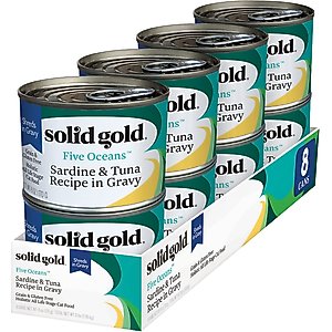 Solid Gold Five Oceans Sardines & Tuna Grain-Free Shreds in Gravy Wet Cat Food, 6-oz, case of 8
