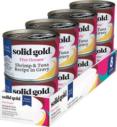 Solid Gold Five Oceans Shrimp & Tuna Grain-Free Shreds in Gravy Wet Cat Food, 6-oz, case of 8