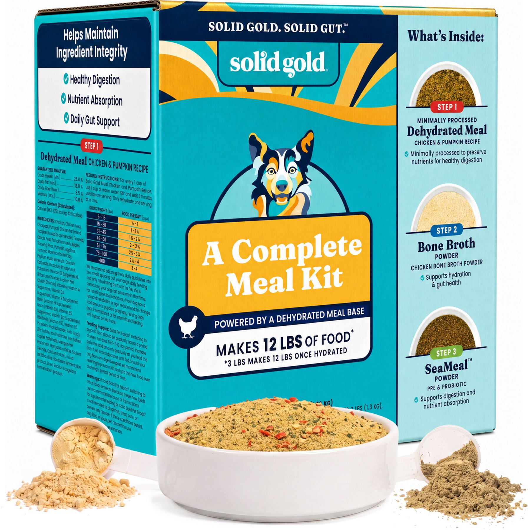 Solid Gold Gut Health Kit Adult Chicken Dehydrated Meal, Bone Broth & Seameal Supplement Bundle Dog Food Topper, 3-lb box