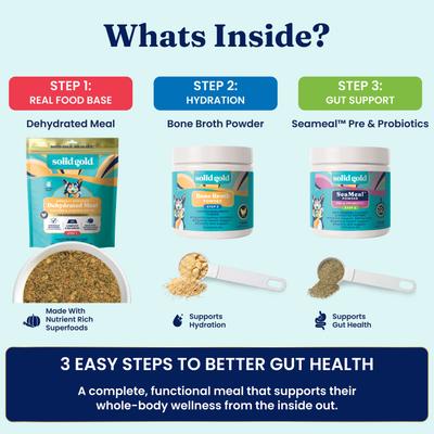 Show full view: Solid Gold Gut Health Kit Adult Chicken Dehydrated Meal, Bone Broth & Seameal Supplement Bundle Dog Food Topper, 6-lb box slide 3 of 10