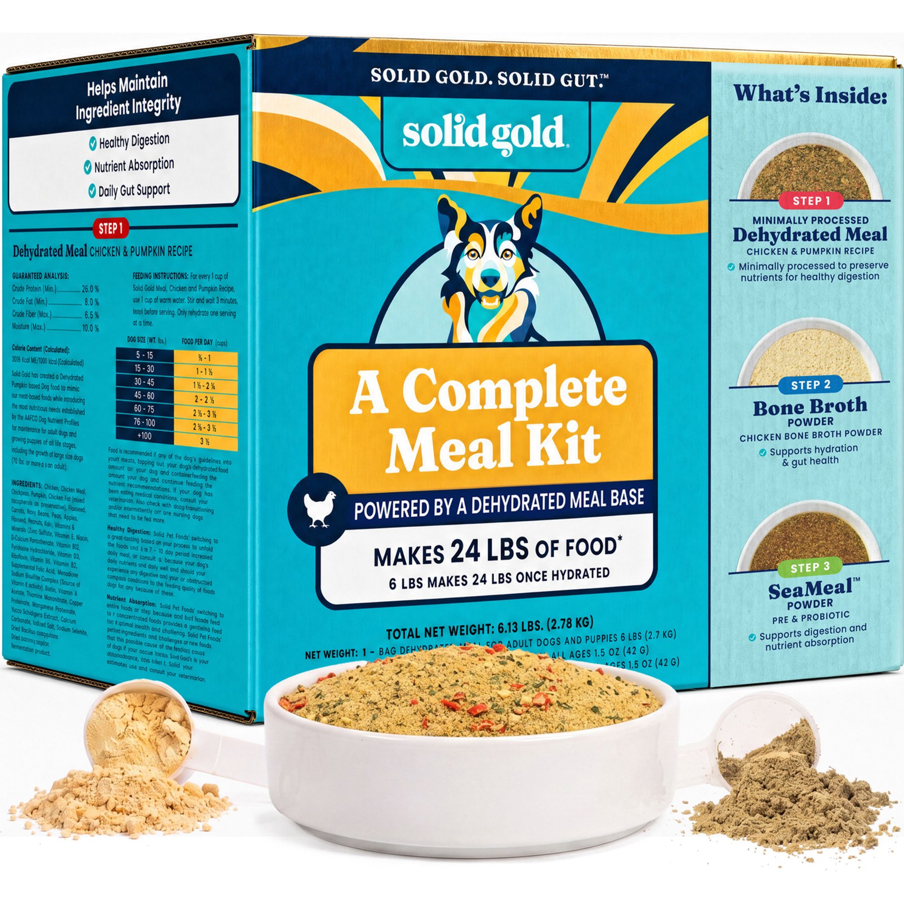 Solid Gold Gut Health Kit Adult Chicken Dehydrated Meal, Bone Broth & Seameal Supplement Bundle Dog Food Topper, 6-lb box