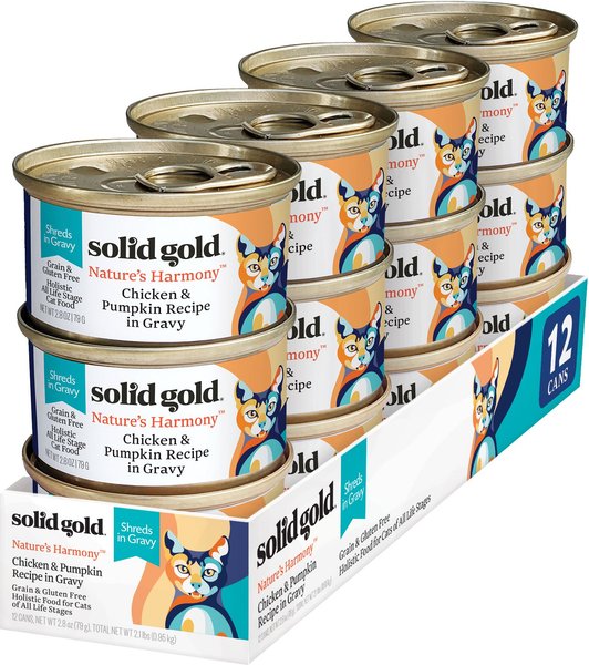 Solid Gold Nature's Harmony Chicken & Pumpkin Grain-Free Shreds in Gravy Wet Cat Food, 2.8-oz can, 12 count