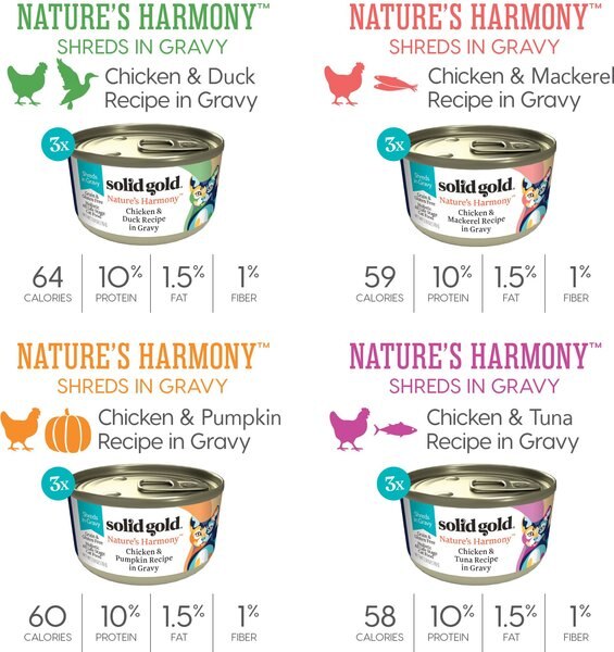 Solid Gold Nature's Harmony Variety Pack Grain-Free Shreds in Gravy Wet Cat Food, 3-oz can, case of 12