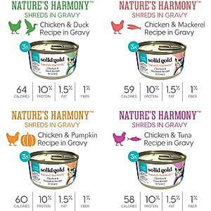 Solid Gold Nature's Harmony Variety Pack Grain-Free Shreds in Gravy Wet Cat Food, 3-oz can, case of 12