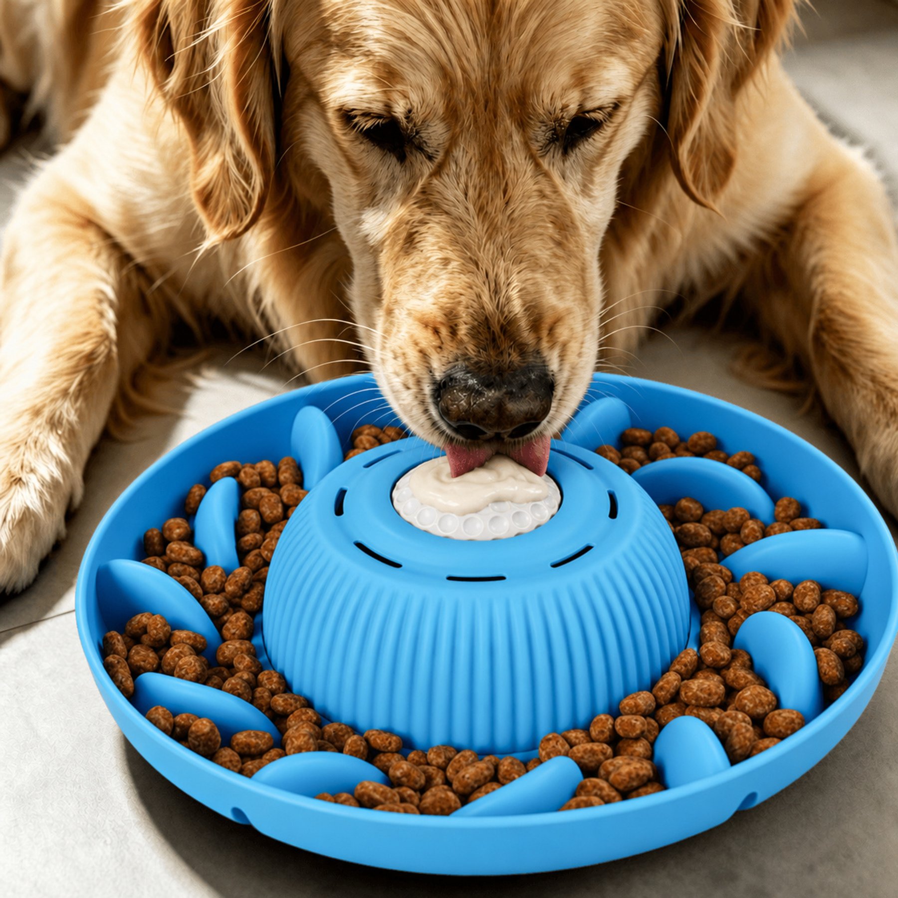 SOLOWINNER 2-in-1 Non-Skid Silicone Dog Bowl Slow Feeder, 5-cup, Blue