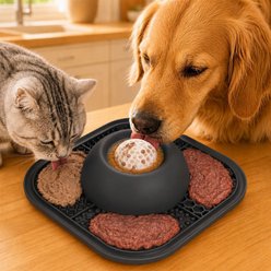 SOLOWINNER Dishwasher Safe Non-Skid Silicone Plastic Slow Feeder Dog & Cat Bowl & Lick Mat, Black