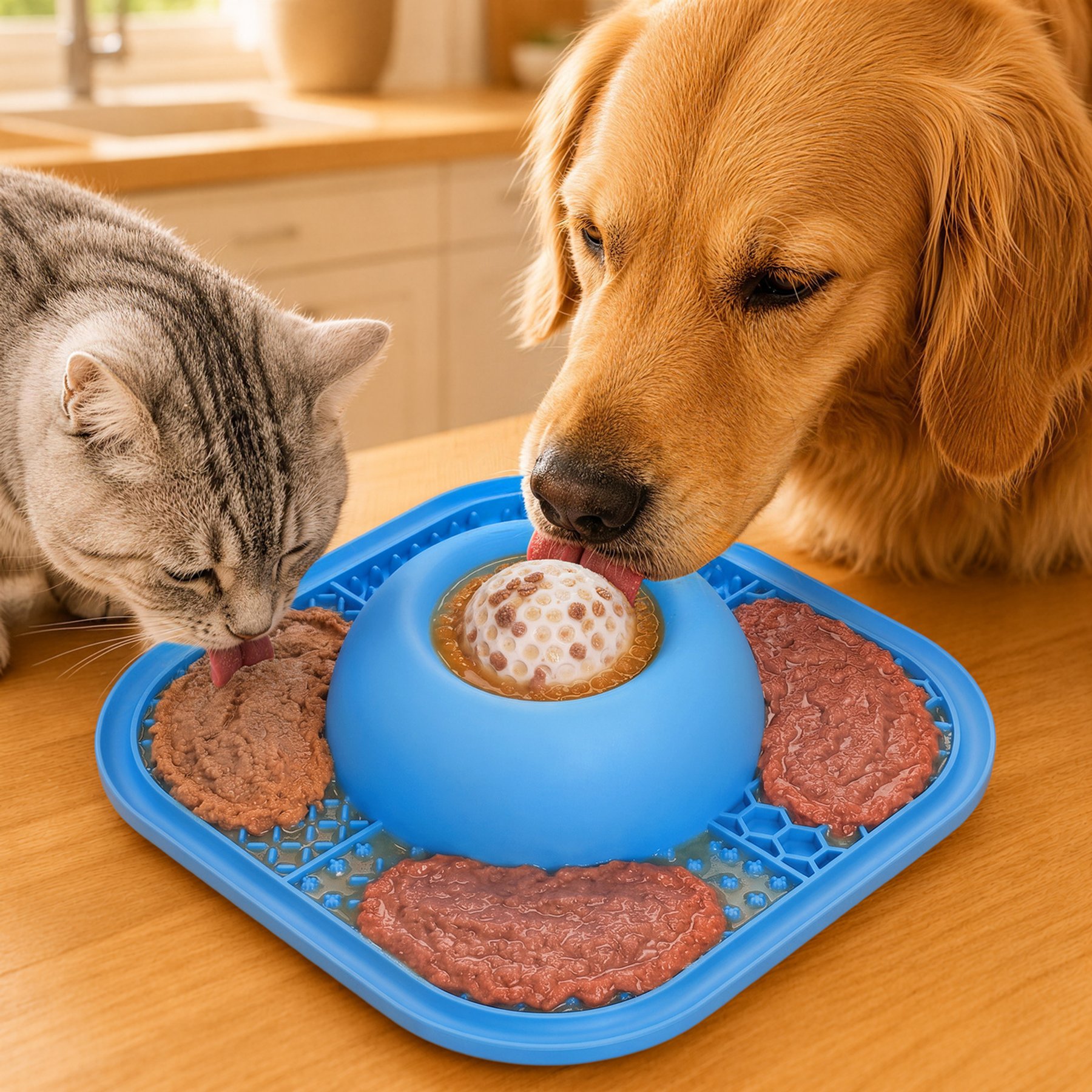 SOLOWINNER Dishwasher Safe Non-Skid Silicone Plastic Slow Feeder Dog & Cat Bowl & Lick Mat, Blue