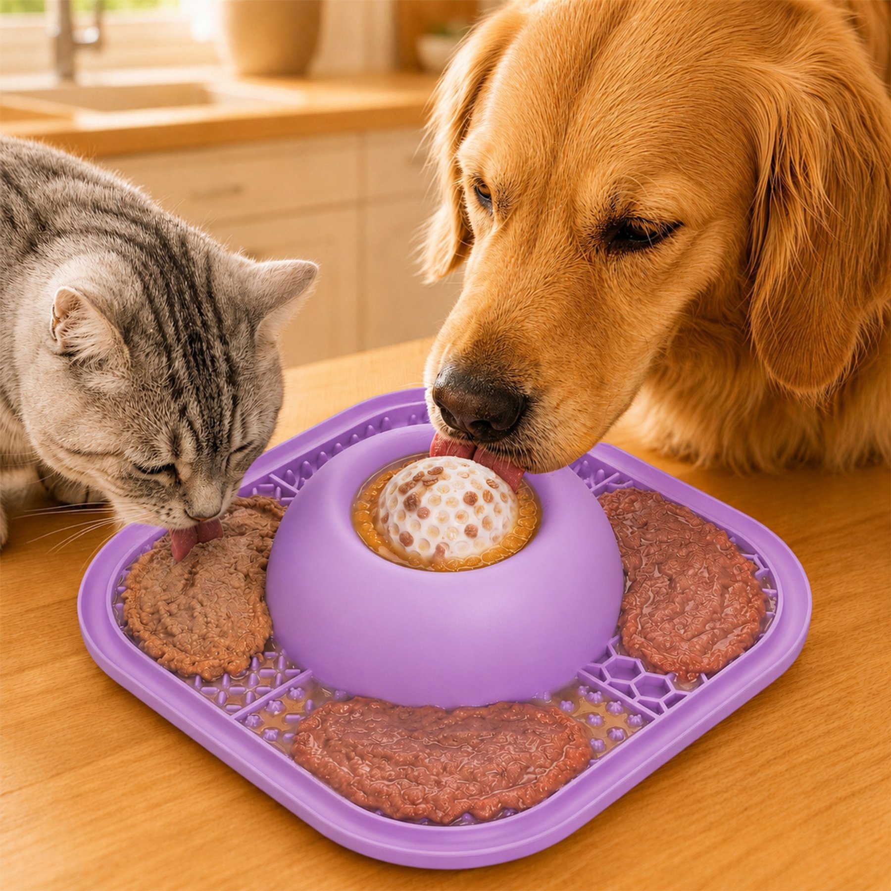 SOLOWINNER Dishwasher Safe Non-Skid Silicone Plastic Slow Feeder Dog & Cat Bowl & Lick Mat, Purple