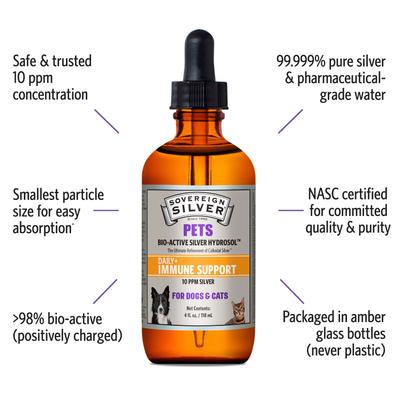 Show full view: Sovereign Silver Pets Daily+ Immune Support Bio-Active Silver Hydrosol Dog & Cat Supplement, 4-fl oz bottle slide 4 of 11