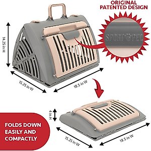 SportPet Designs Travel Master Collapsible Carrier with Cat & Dog Plush Bed, Grey & Pink, Large