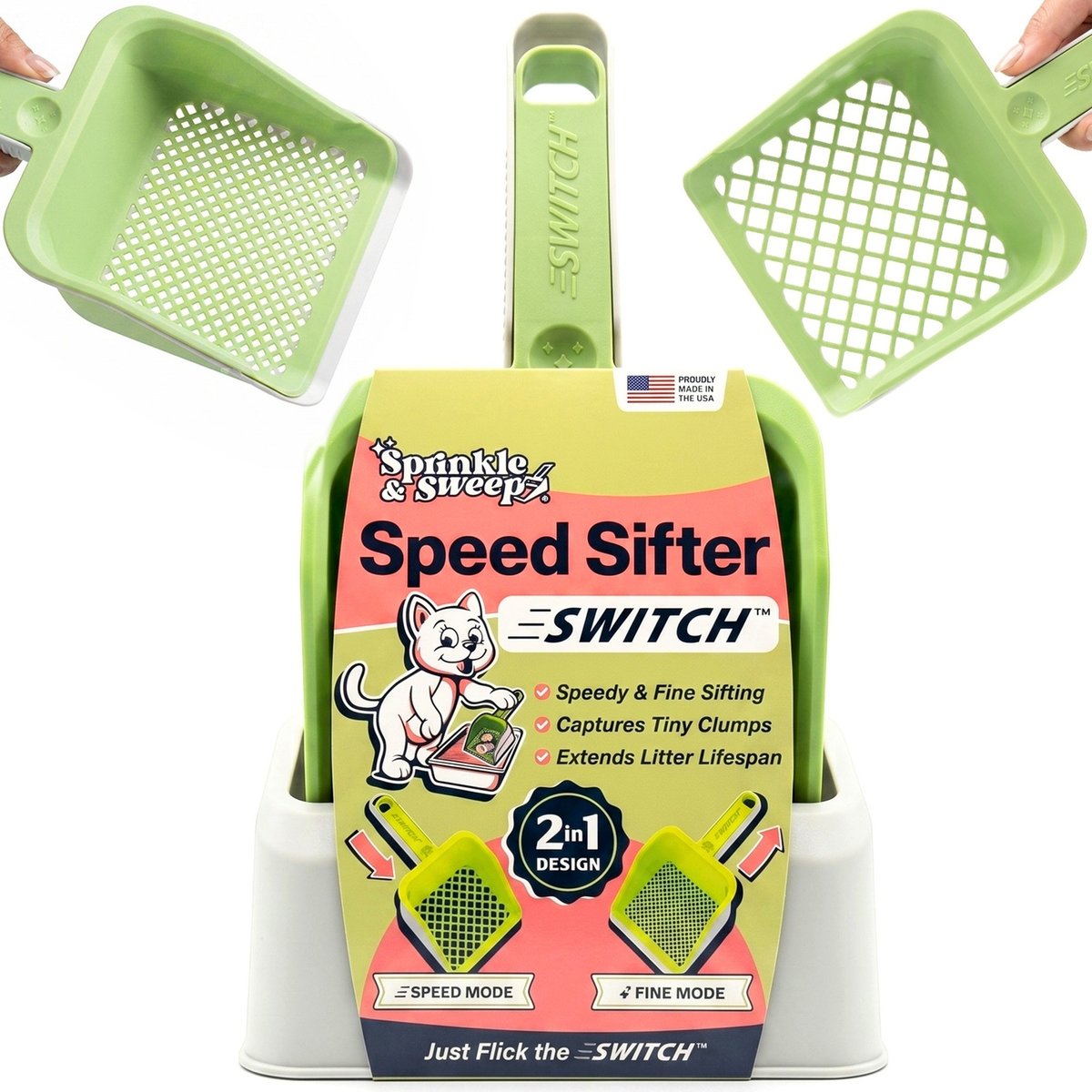 Sprinkle & Sweep Speed Sifter Switch Dual-Mode Cat Litter Scoop with Base