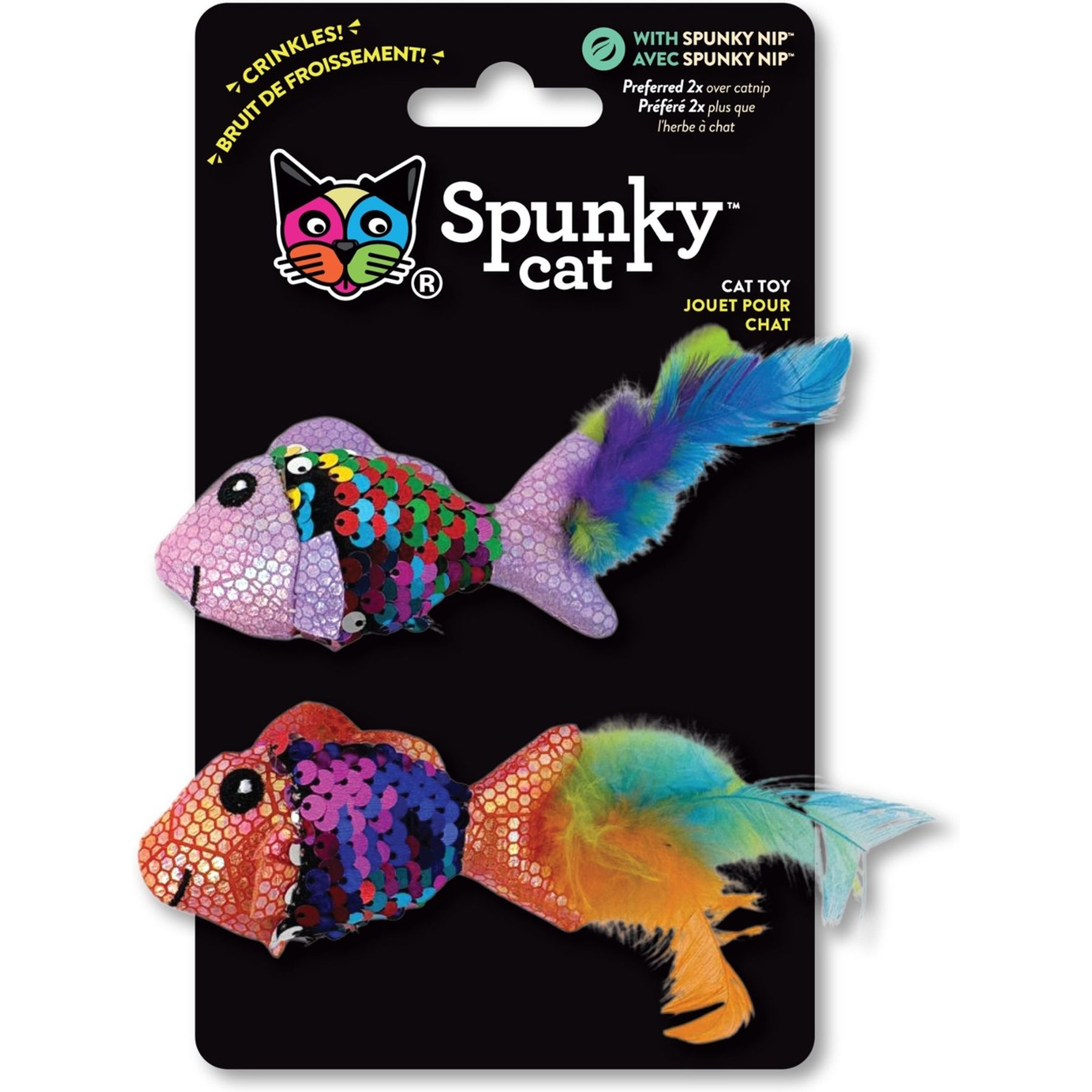 Spunky Cat Sparkle Fish Plush Cat Toy with Catnip, Multicolor, 2 count