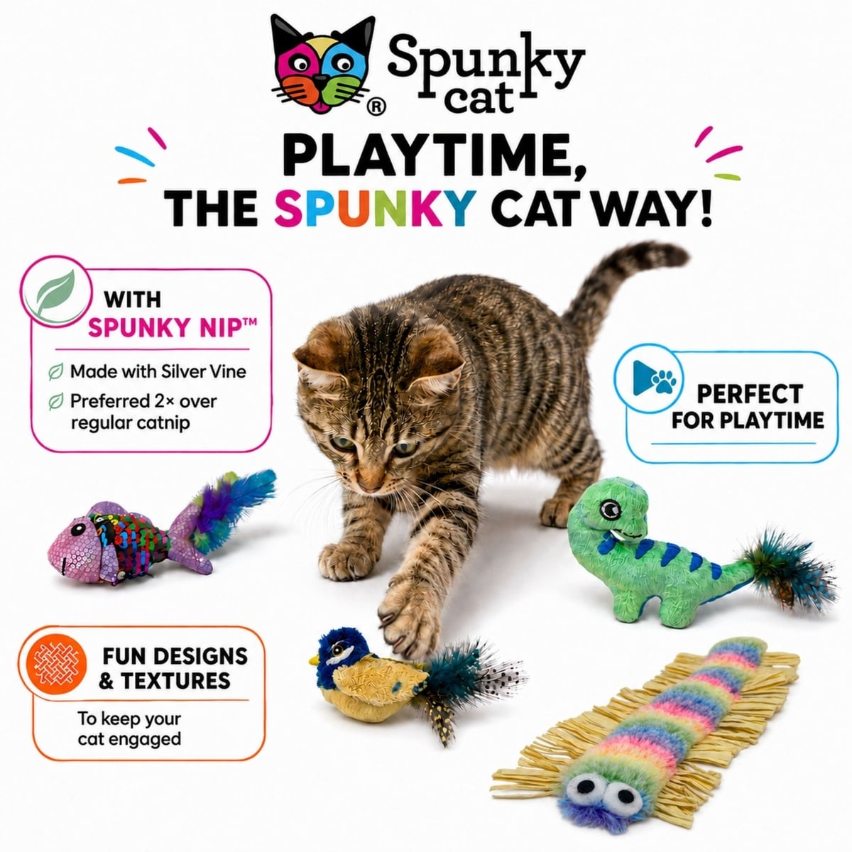 SPUNKY CAT Textured Fish & Bird Plush Cat Toy with Catnip