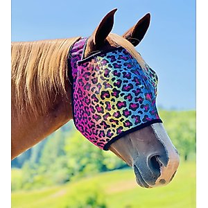 Star Point Horsemanship Horse Fly Mask, Rainbow Cheetah, Mini Horse Medium