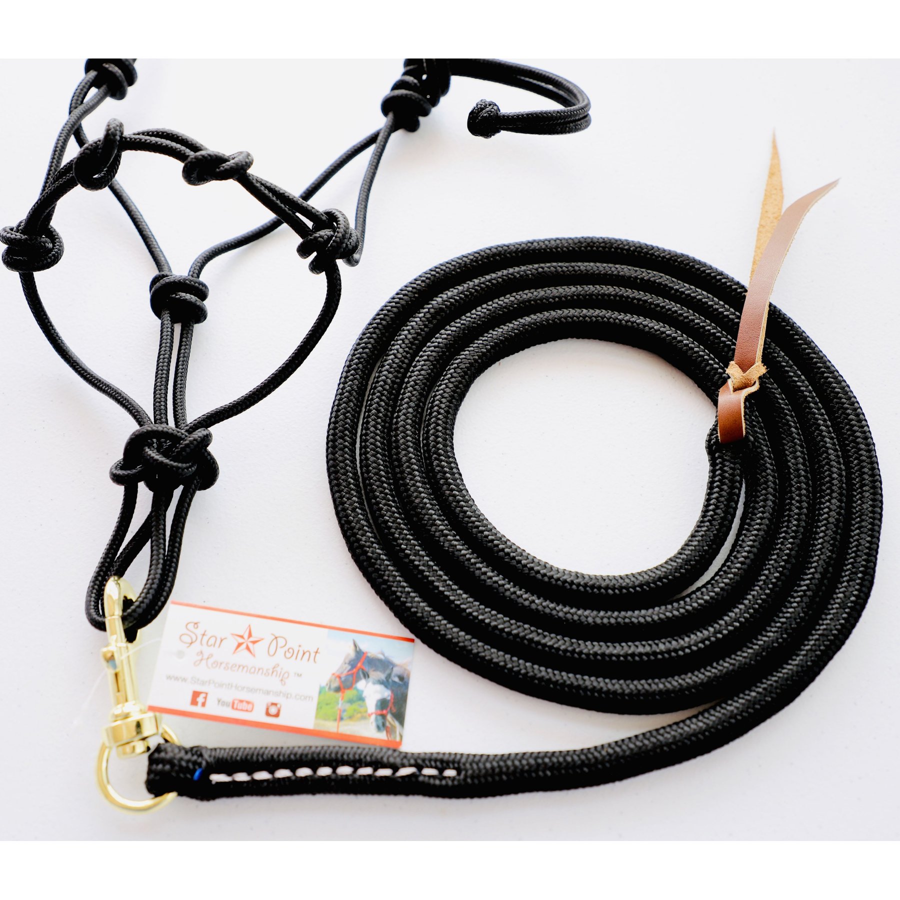 Star Point Horsemanship Mini-Pony-Livestock 4 Knot Rope Halter & 8-ft Lead Set, Black, Medium