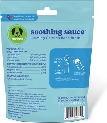 Show full view: Stashios Soothing Sauce Chicken Flavor Calming Powder Supplement for Dogs & Cats, 3-oz bag slide 3 of 4