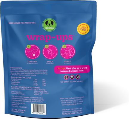 Show full view: Stashios Wrap-Ups Bacon Cheeseburger Pill Wrapper Dog & Cat Treat, 30 count slide 4 of 9