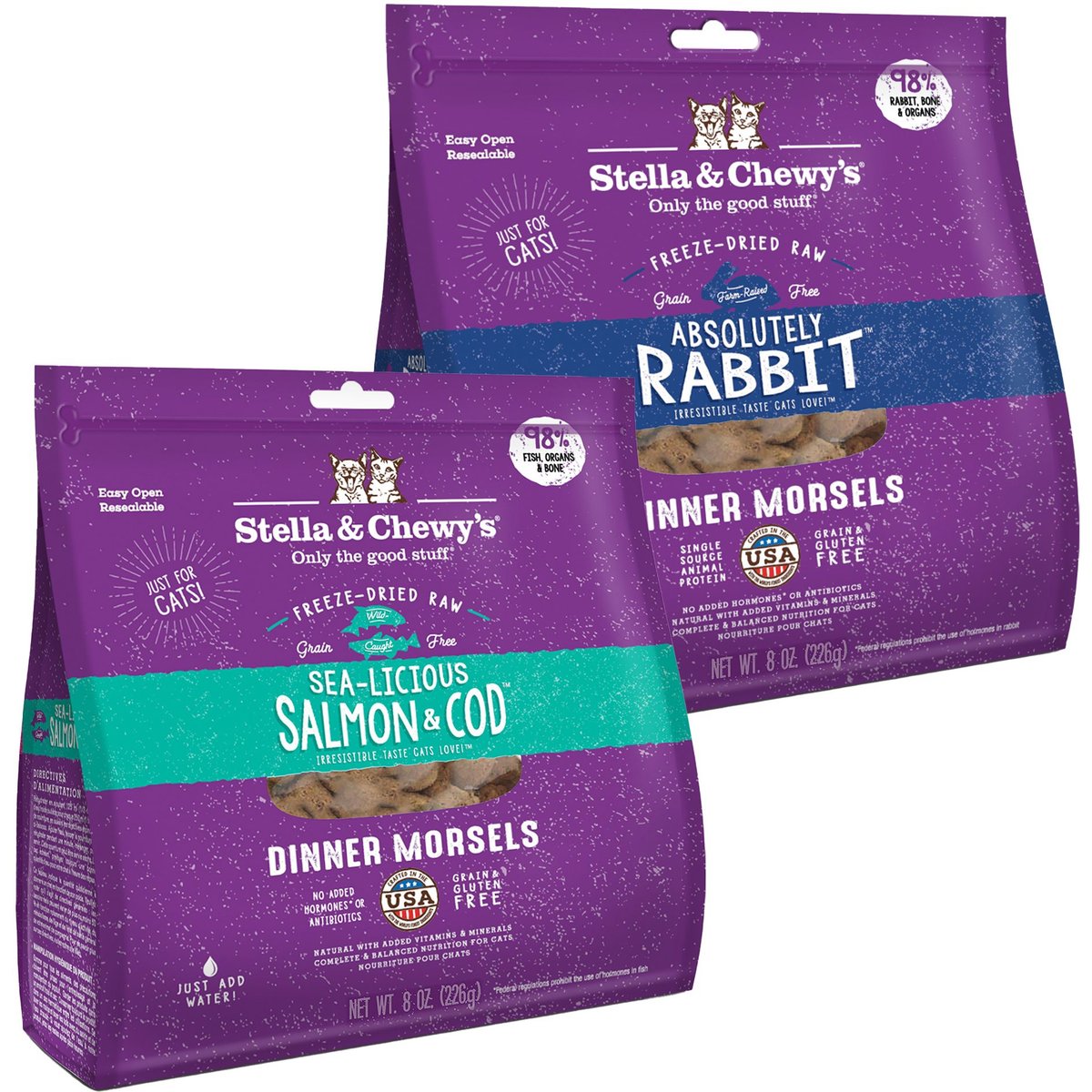 Stella & Chewy's Absolutely Rabbit Dinner Morsels Freeze-Dried Raw Cat Food, 8-oz bag + Stella & Chewy's Sea-licious Salmon & Cod Dinner Morsels Freeze-Dried Raw Cat Food, 8-oz bag