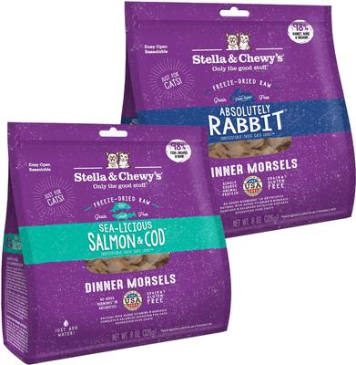 Show full view: Stella & Chewy's Absolutely Rabbit Dinner Morsels Freeze-Dried Raw Cat Food, 8-oz bag + Stella & Chewy's Sea-licious Salmon & Cod Dinner Morsels Freeze-Dried Raw Cat Food, 8-oz bag slide 1 of 9