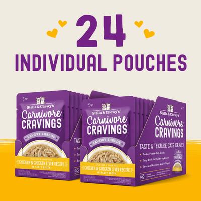 Show full view: Stella & Chewy's Carnivore Cravings Chicken & Chicken Liver Flavored Shredded Wet Cat Food, 2.8-oz pouch, case of 24 slide 6 of 10