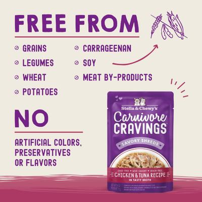 Show full view: Stella & Chewy's Carnivore Cravings Chicken & Tuna Flavored Shredded Wet Cat Food, 2.8-oz pouch, case of 24 slide 4 of 11