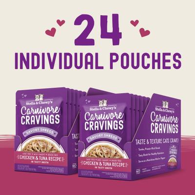 Show full view: Stella & Chewy's Carnivore Cravings Chicken & Tuna Flavored Shredded Wet Cat Food, 2.8-oz pouch, case of 24 slide 7 of 11